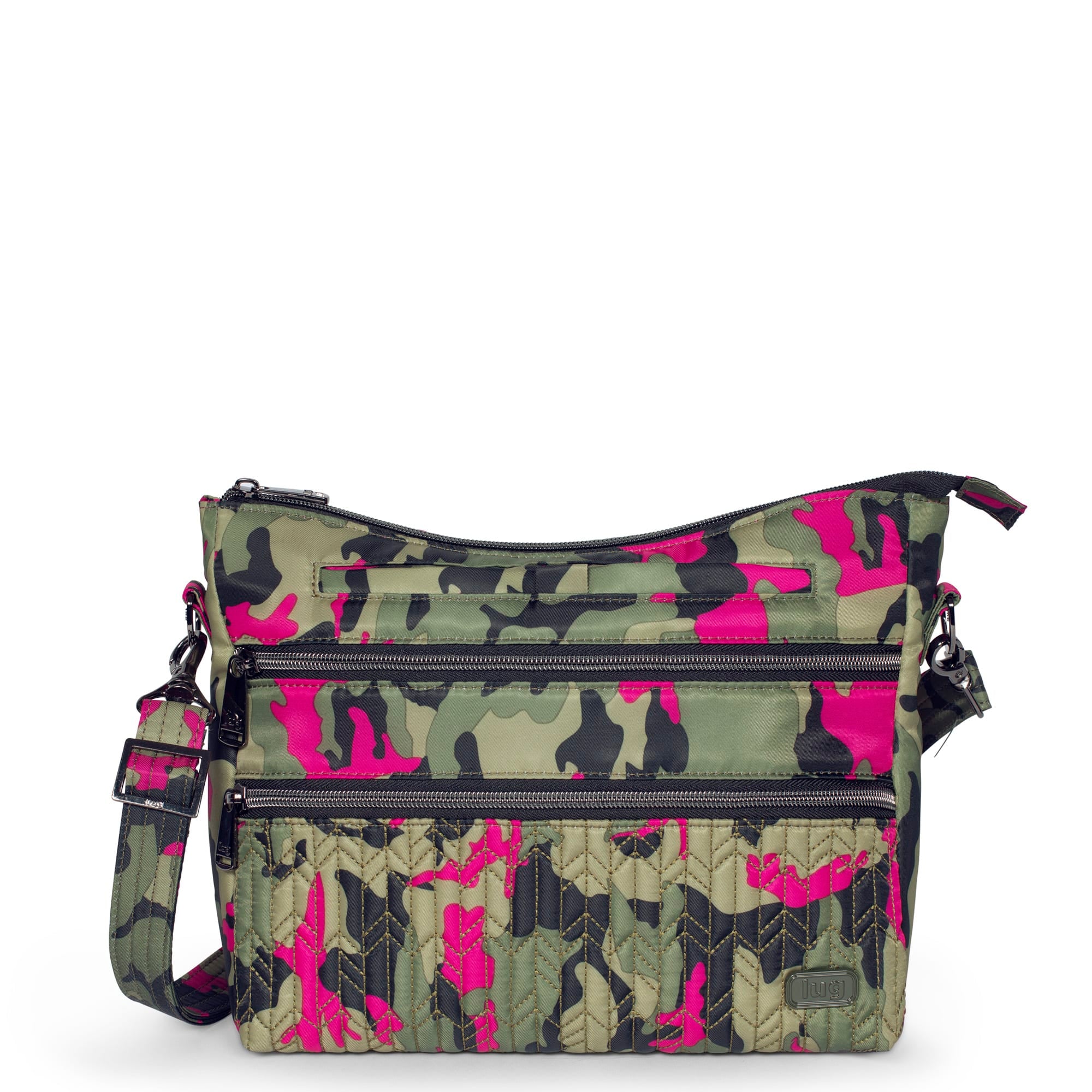 Black Crossbody Bag, Pink & Gold Camo Strap